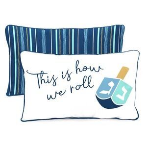 Mainstays "This is How We Roll" Hanukkah Dreidel Lumbar Pillow Blue‎ White